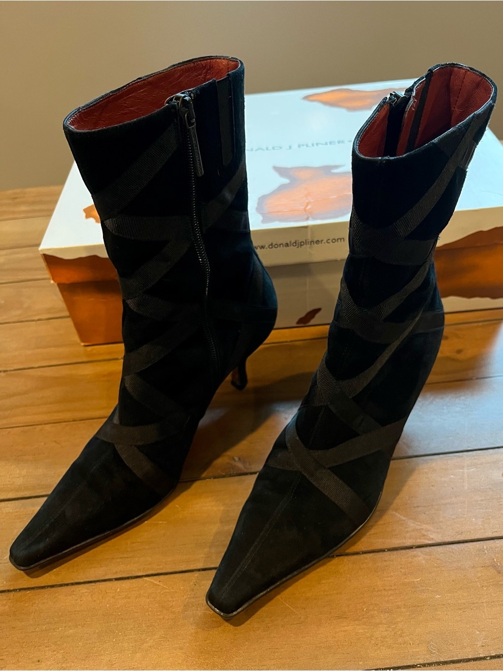 Donald J. Pliner Black Suede Pointed-Toe Strappy Ankle Boots